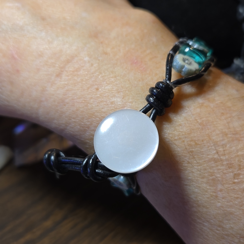 Charming Adjustable Black Leather Wrapped Bracelet w/Green Czech Glass Flowers